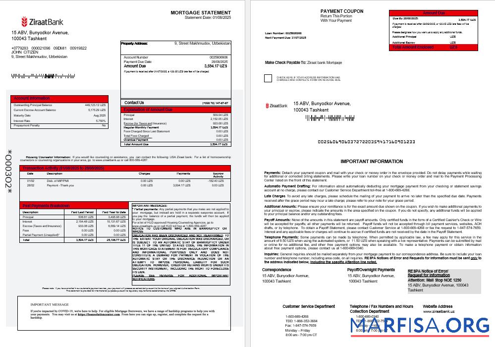 Printable Uzbekistani Ziraat Bank mortgage statement in Word and PDF formats 1 2 example